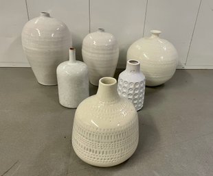 Collection Of Glossy White & Cream Pottery Vases With Narrow Openings