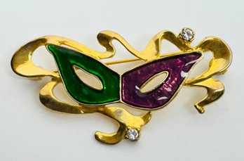 GOLD TONE ENAMEL AND RHINESTONE MASQUERADE OR MARDI GRAS BROOCH