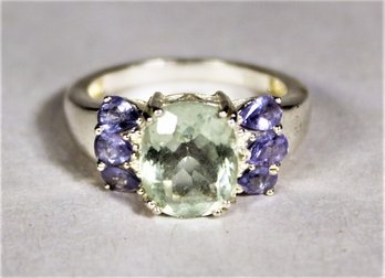 Light Green And Amethyst Sterling Silver Ladies Ring Size 7