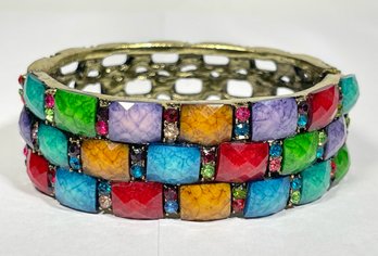 Contemporary Gold Tone Hinged Cuff Bracelet Colorful Glass Stones