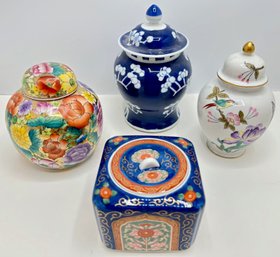 4 Vintage Asian Covered Hand Painted Porcelain Bowls
