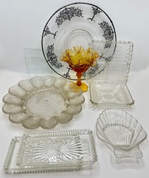 8 Vintage Crystal & Cut Glass Platters & Amber Pedestal Candy Bowl
