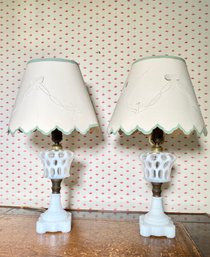 Sweet Pair Of Milk Glass And White Glass Table Lamps With Paper Shades