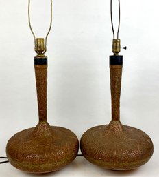 Pair Of Ornate Hand Wrought Copper Lamps