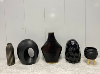 Collection Of Five Matte Black Vessels