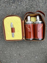 Vintage Travel Bourbon/scotch Leather Trimmed Bar Set