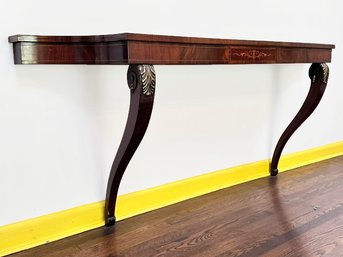 A Gorgeous Inlaid Brass Banded Mahogany Wall Mount Console - 1950's Elegance!