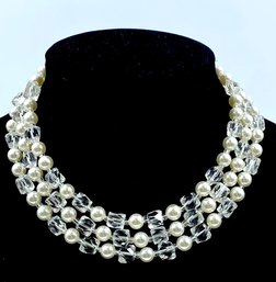 Vintage Faux Pearl & Acrylic Cube Triple Strand Necklace