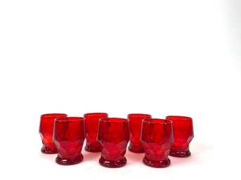 Set Of (7) Ruby Red Thumbprint Dimpled Glasses*