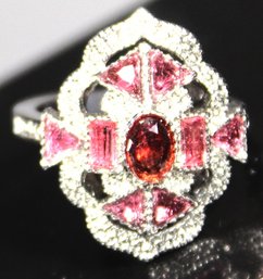 Fancy Red And White Rhinestone Cocktail Ring Silver Tone Size 6.75