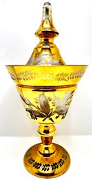 Mid Century Italian Bohemian Etched Gilded Glass Covered Candy Dish Compote Bowl With Lid