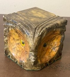 Vintage Carved Alabaster Owl With Glass Eyes Paperweight