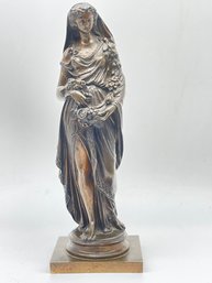 Vintage, Signed Bronze Sculpture By  Moreau -woman With Flowers. 11.5' Tall