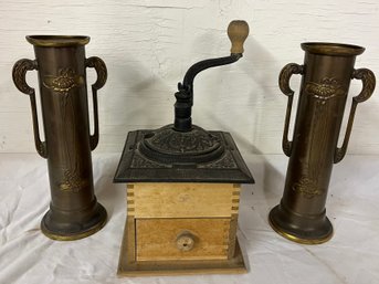 Coffee Mill And Two Brass Vases
