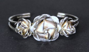 Fine Sterling Silver Cuff Bracelet Having Three Roses Hand Crafted