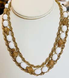 VINTAGE TRIFARI TRIPLE STRAND GOLD TONE WHITE BEAD NECKLACE