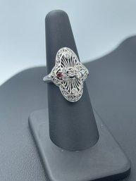 Antique 14k White Gold Multi Diamond, Ruby, & Aquamarine Filigree Cocktail Ring