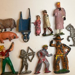 Vintage Lot Lead Figures - Cowboys Western Indians - Men Women Child - Wheel Barrow - Ballet Dancer - Pig Ram