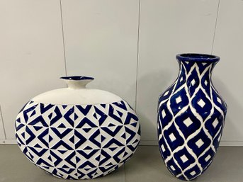 Two Large Blue & White Patterned Decorative Vases