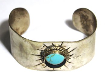 Vintage 1970s Silver Tone Cuff Bracelet Having Turquoise Inlay