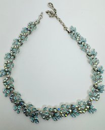 GORGEOUS SILVER TONE BLUE ENAMEL AURORA RHINESTONE VINTAGE NECKLACE - MISSING HOOK CLASP