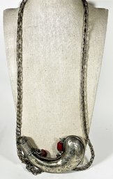 Vintage Canteen Silver Elongated Chain Necklace With Large Pendant Middle Eastern