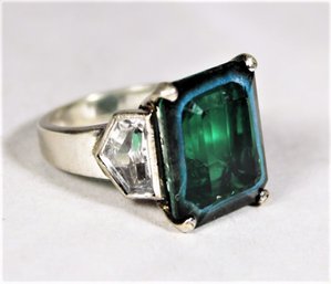 Sterling Silver Large Ring Size 6.5 Large Green Stone Emerald Cut Flank By White Stones