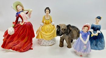 5 Vintage Royal Doulton Figurines Including Elephant, England, Marked & Numbered