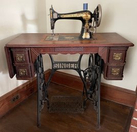 Fabulous Early Singer Sewing Machine On Table Stand With Egyptian Motif
