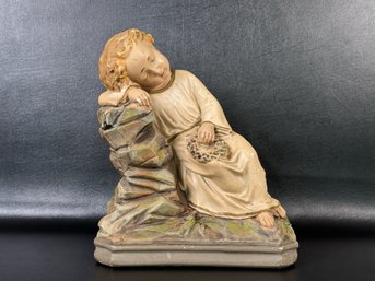 Vintage Chalkware Religious Statuette: Resting Child Jesus, Holding Crown Of Thorns