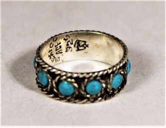 Mexican Southwest Sterling Silver Band Ring Turquoise Stones, Size 5