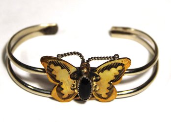 Vintage 1980s Silver And Gold Tone Southwestern Cuff Bracelet Butterfly Black Onyx
