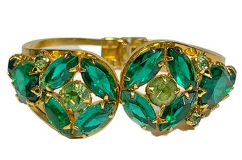 Vintage Green Rhinestone Clamper Hinged Cuff Bracelet Gold Tone