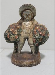 Antique Cast Iron Doorstop Boy Carrying Baskets Of Flowers - Original Paint