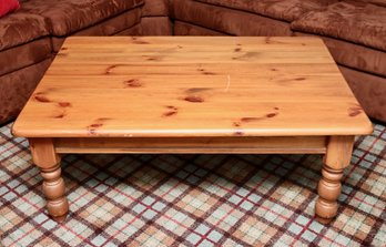 Pottery Barn Knotty Pine Rectangular Coffee Table With Rounded Corners And Turned Legs