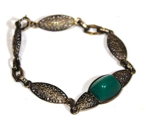 Edwardian Sterling Silver Filigree Link Bracelet Large Jade Stone