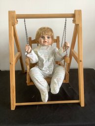 Vintage Baby Doll And Wooden Doll Swing