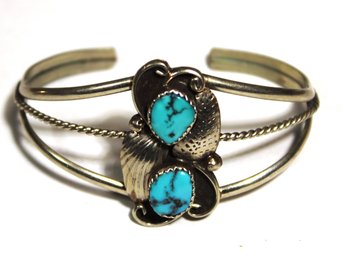 Vintage 1970s Silver Tone Southwestern Bracelet Having Genuine Turquoise Stones