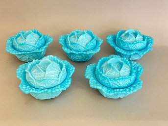 Set Of Five French Portieux Vallerysthal Opaline Blue Cabbage Dishes