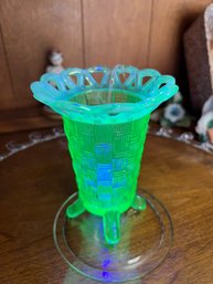 Spectacular Footed Uranium Glass Bud Vase With Looped Opalescent Lip