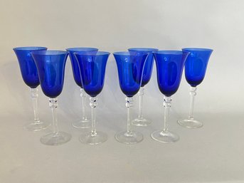 Set Of 8 Blue And Clear Wine Glasses