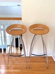 PAIR Blond Wood Counter Stools By Lyra, Italy