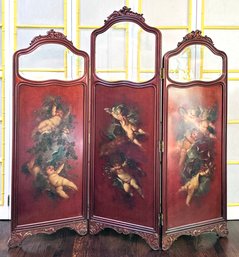 A Hand Painted Antique French Dressing Screen With Inset Glass Panels