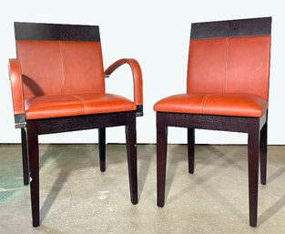 A High Quality Arm Chair And Side Chair In Stitched Leather And Mahogany, Possibly Dakota Jackson