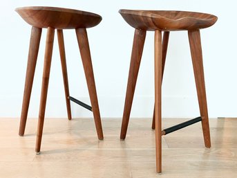 A Pair Of Carved Wood CB-22 BassamFellows Counter Height Stools