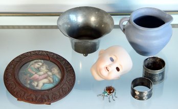 Odd Little Box Lot Of Random Stuff, Incl Doll Head, Carved Frame, Pottery, Napkin Rings, Etc..