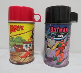 Two Rare 1960's Lunchbox Thermos Including Batman & Robin As Well As Popeye The Sailor Man