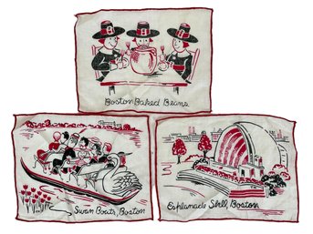 Vintage Trio Of Boston Themed Cotton Cocktail Napkins