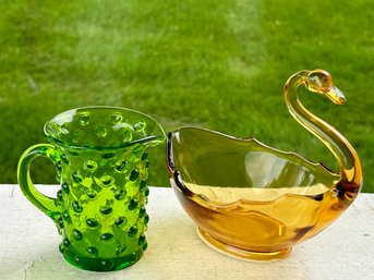Two Vintage Glass Pieces: 6.5' X 6' H Yellow Swan & 4' Green Hobnail Mini Pitcher/vase No Issues
