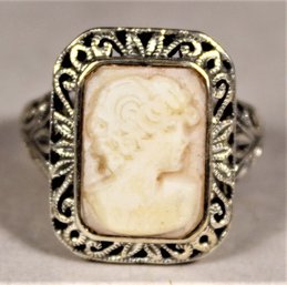 Vintage Sterling Silver Filigree Ladies Ring Having Carved Shell Cameo Size 7